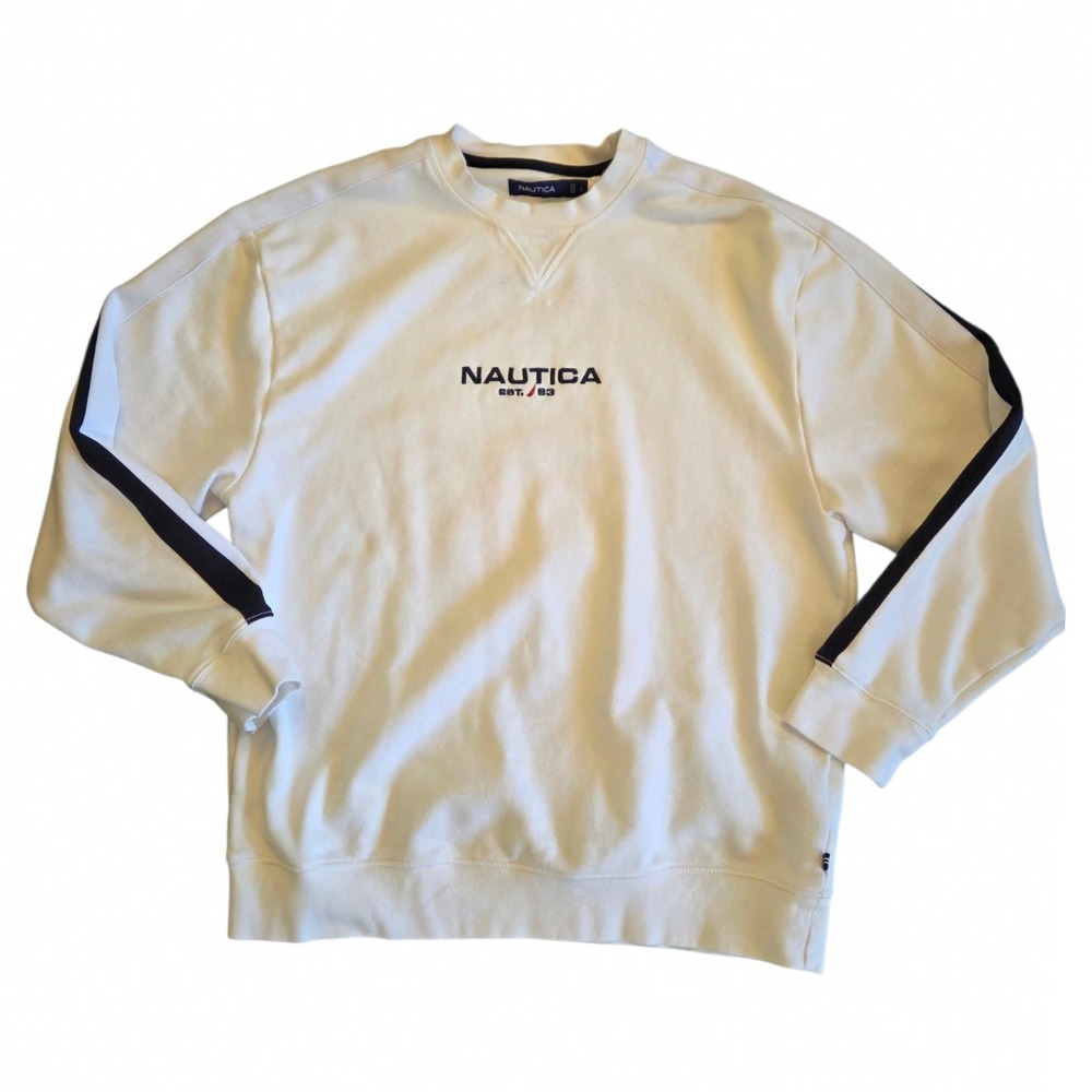 Nautica Mens White Crewneck Sweatshirt Navy Sleeve Stripe Logo Pullover Large